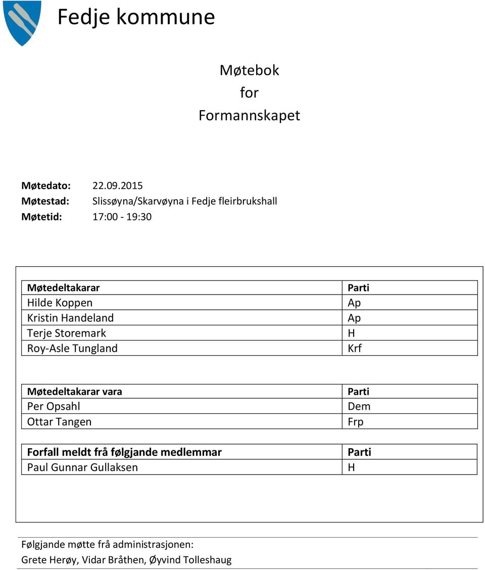 Kristin Handeland Terje Storemark Roy-Asle Tungland Parti Ap Ap H Krf Møtedeltakarar vara Per Opsahl Ottar