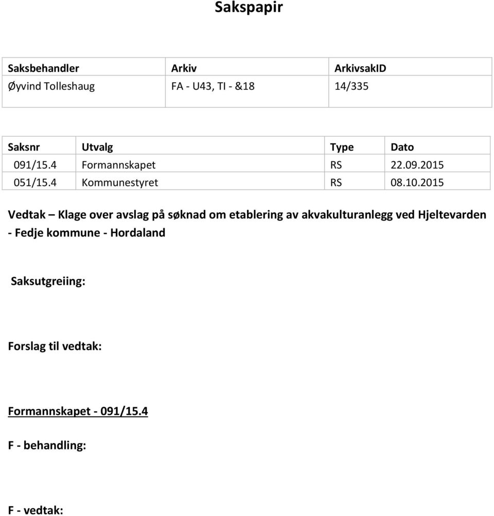 2015 Vedtak Klage over avslag på søknad om etablering av akvakulturanlegg ved Hjeltevarden -