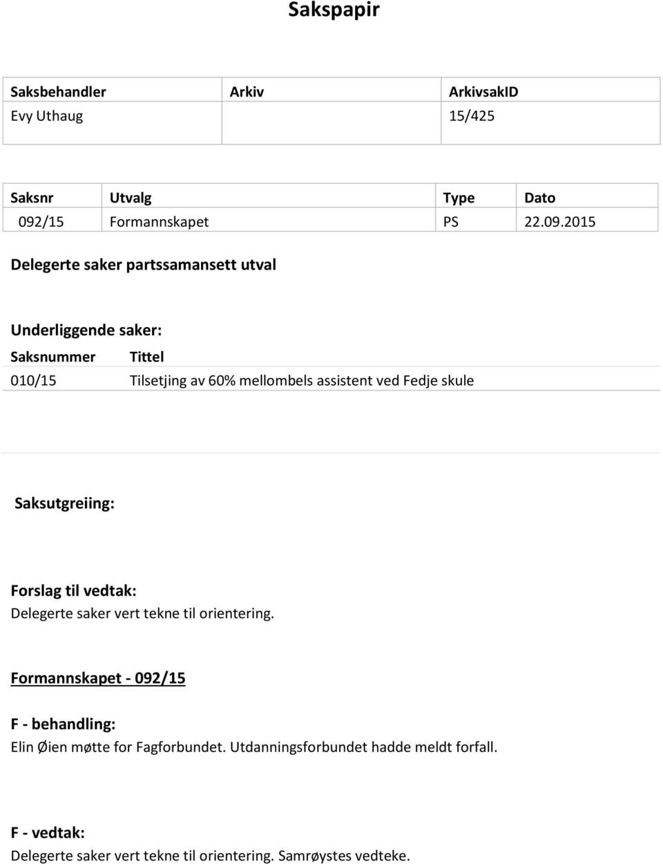 2015 Delegerte saker partssamansett utval Underliggende saker: Saksnummer Tittel 010/15 Tilsetjing av 60% mellombels assistent ved