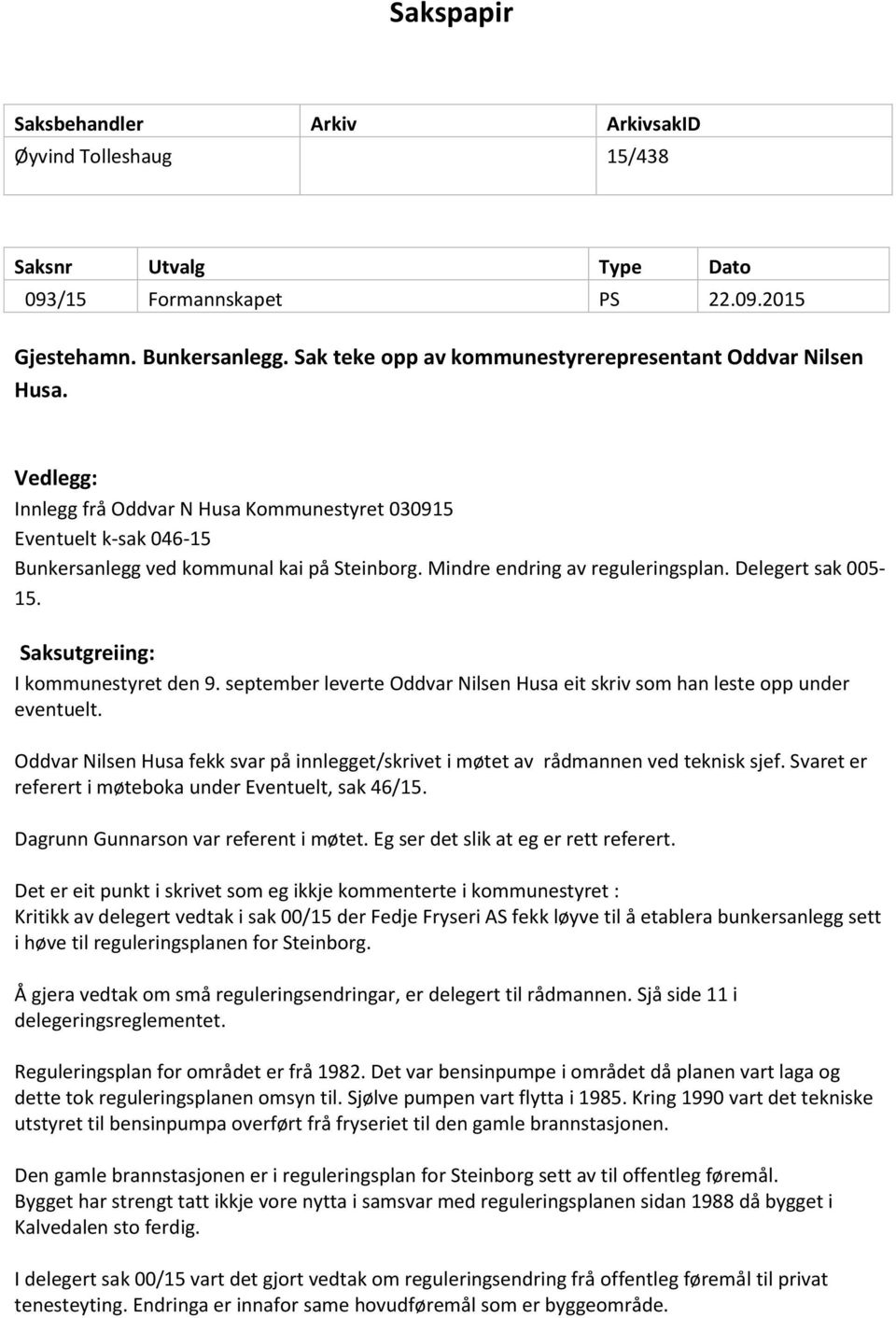 Mindre endring av reguleringsplan. Delegert sak 005-15. Saksutgreiing: I kommunestyret den 9. september leverte Oddvar Nilsen Husa eit skriv som han leste opp under eventuelt.