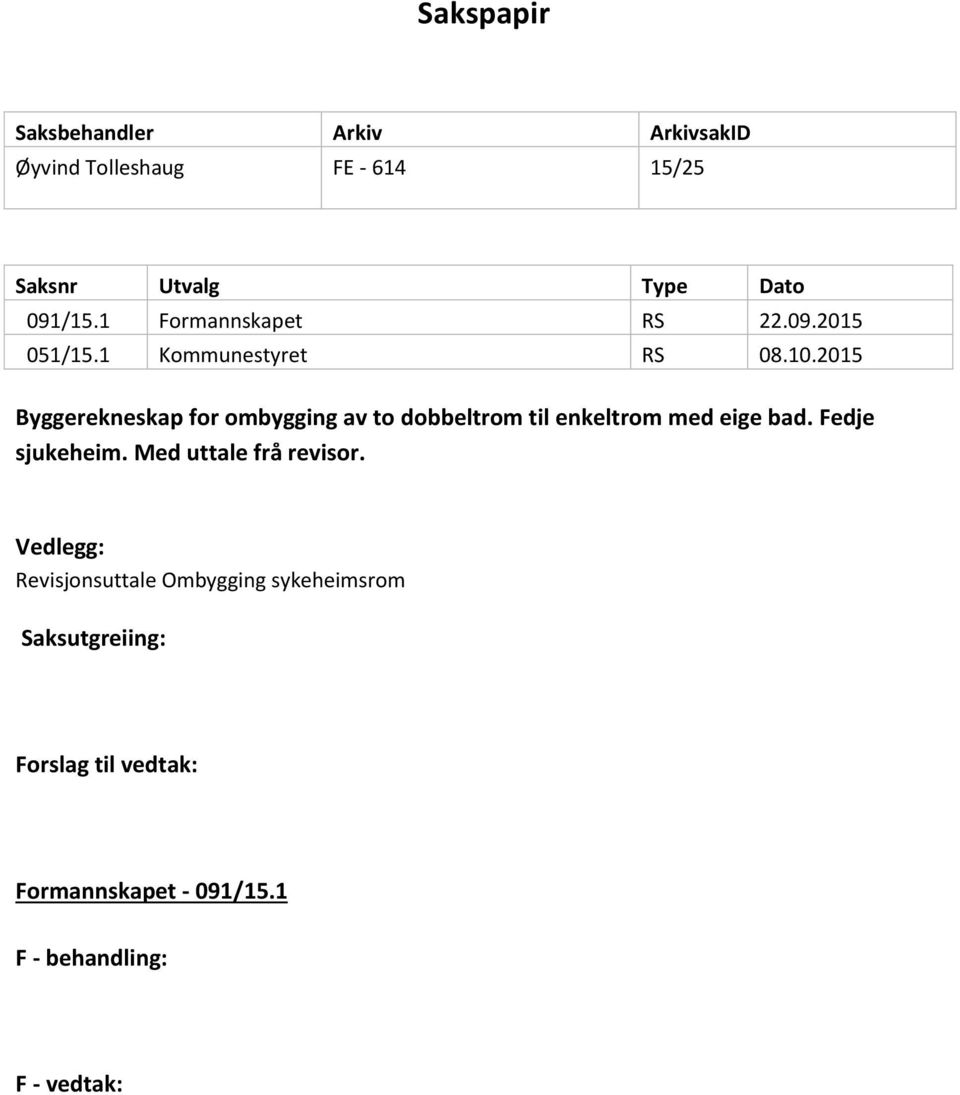 2015 Byggerekneskap for ombygging av to dobbeltrom til enkeltrom med eige bad. Fedje sjukeheim.