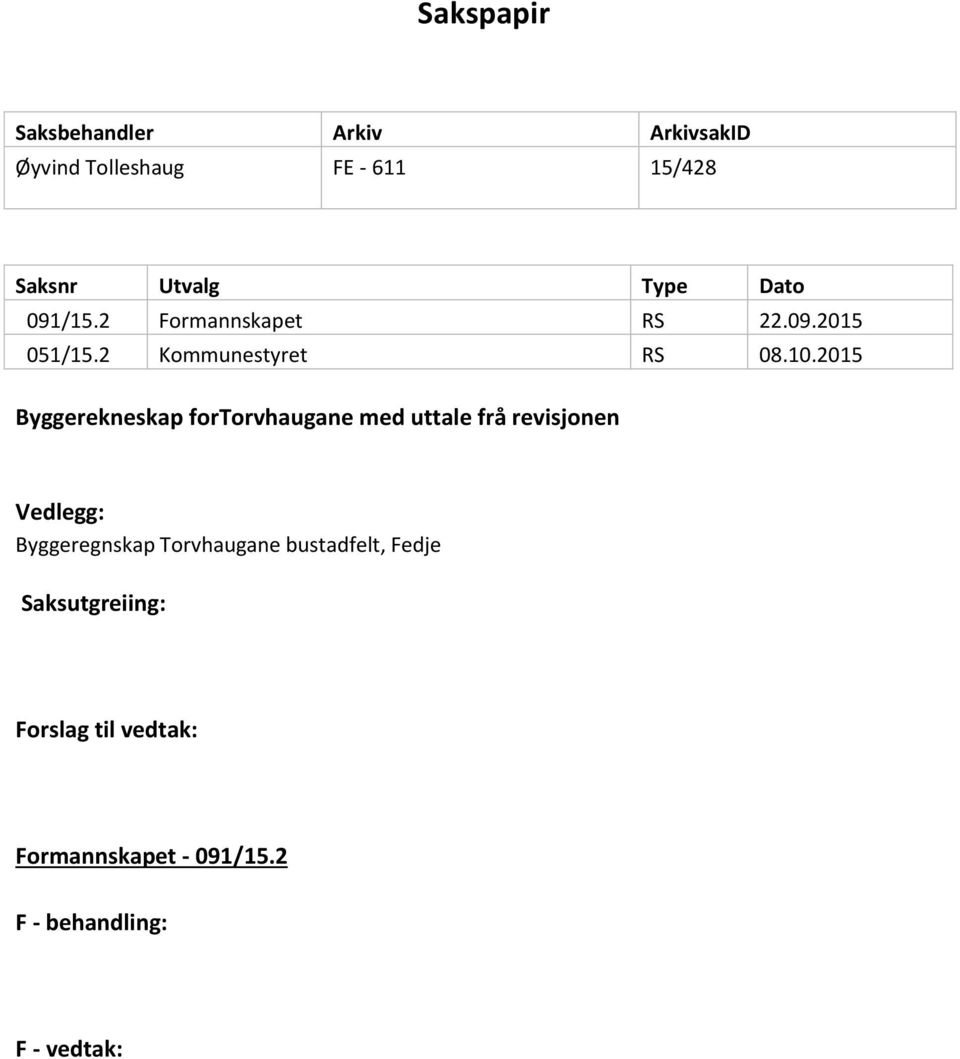 2015 Byggerekneskap fortorvhaugane med uttale frå revisjonen Vedlegg: Byggeregnskap