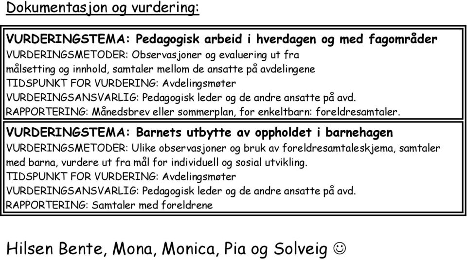 VURDERINGSTEMA: Barnets utbytte av oppholdet i barnehagen VURDERINGSMETODER: Ulike observasjoner og bruk av foreldresamtaleskjema, samtaler med barna, vurdere ut fra mål for individuell og sosial