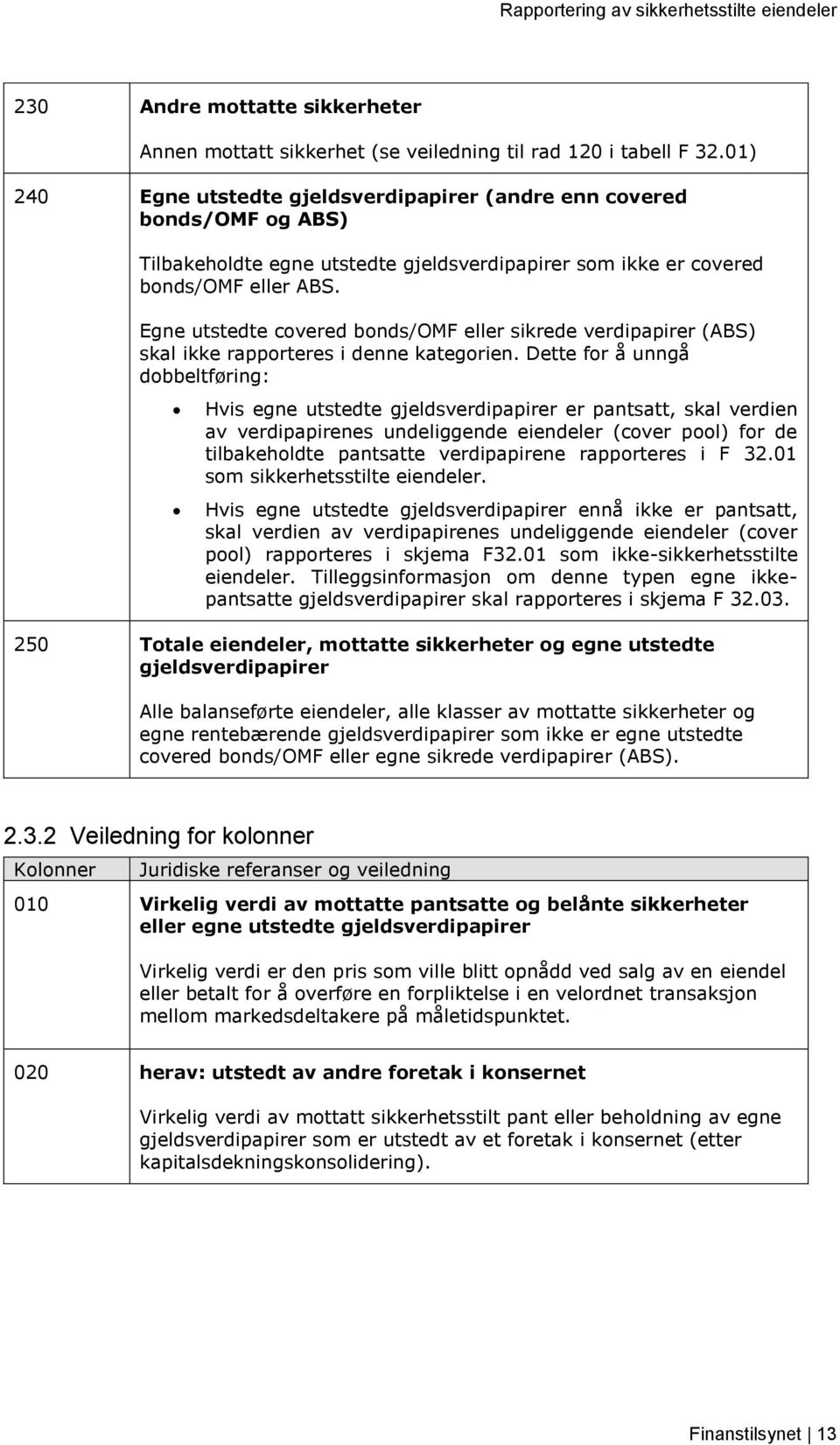 Egne utstedte covered bonds/omf eller sikrede verdipapirer (ABS) skal ikke rapporteres i denne kategorien.