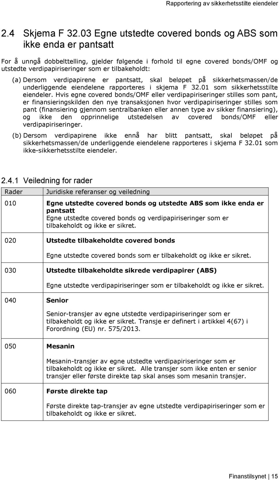 (a) Dersom verdipapirene er pantsatt, skal beløpet på sikkerhetsmassen/de underliggende eiendelene rapporteres i skjema F 32.01 som sikkerhetsstilte eiendeler.