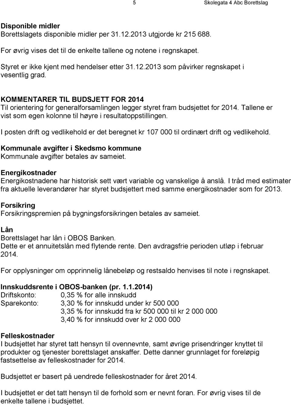 KOMMENTARER TIL BUDSJETT FOR 2014 Til orientering for generalforsamlingen legger styret fram budsjettet for 2014. Tallene er vist som egen kolonne til høyre i resultatoppstillingen.