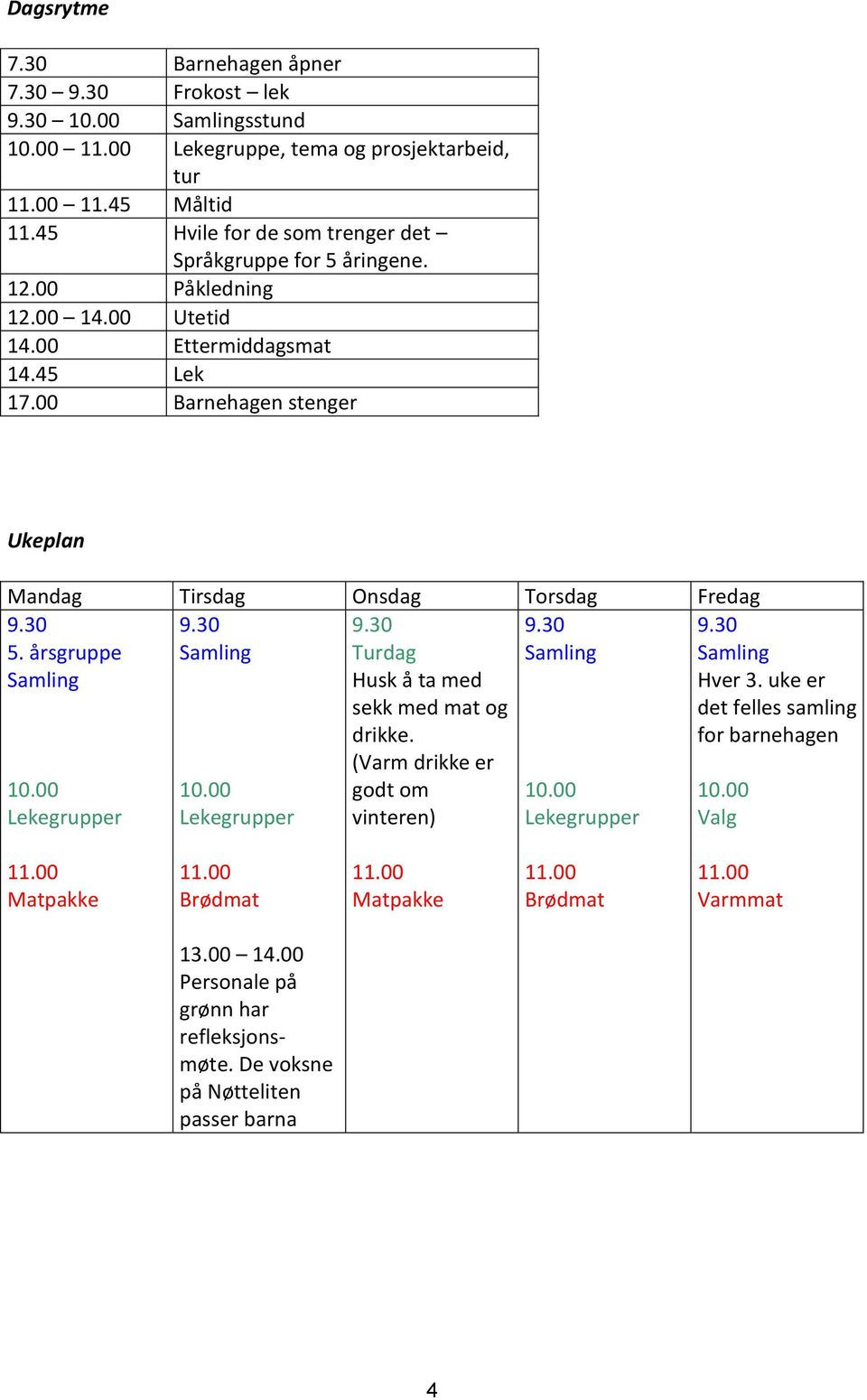 00 Barnehagen stenger Ukeplan Mandag Tirsdag Onsdag Torsdag Fredag 9.30 5. årsgruppe Samling 9.30 Samling 9.30 Samling 10.00 Lekegrupper 10.00 Lekegrupper 9.