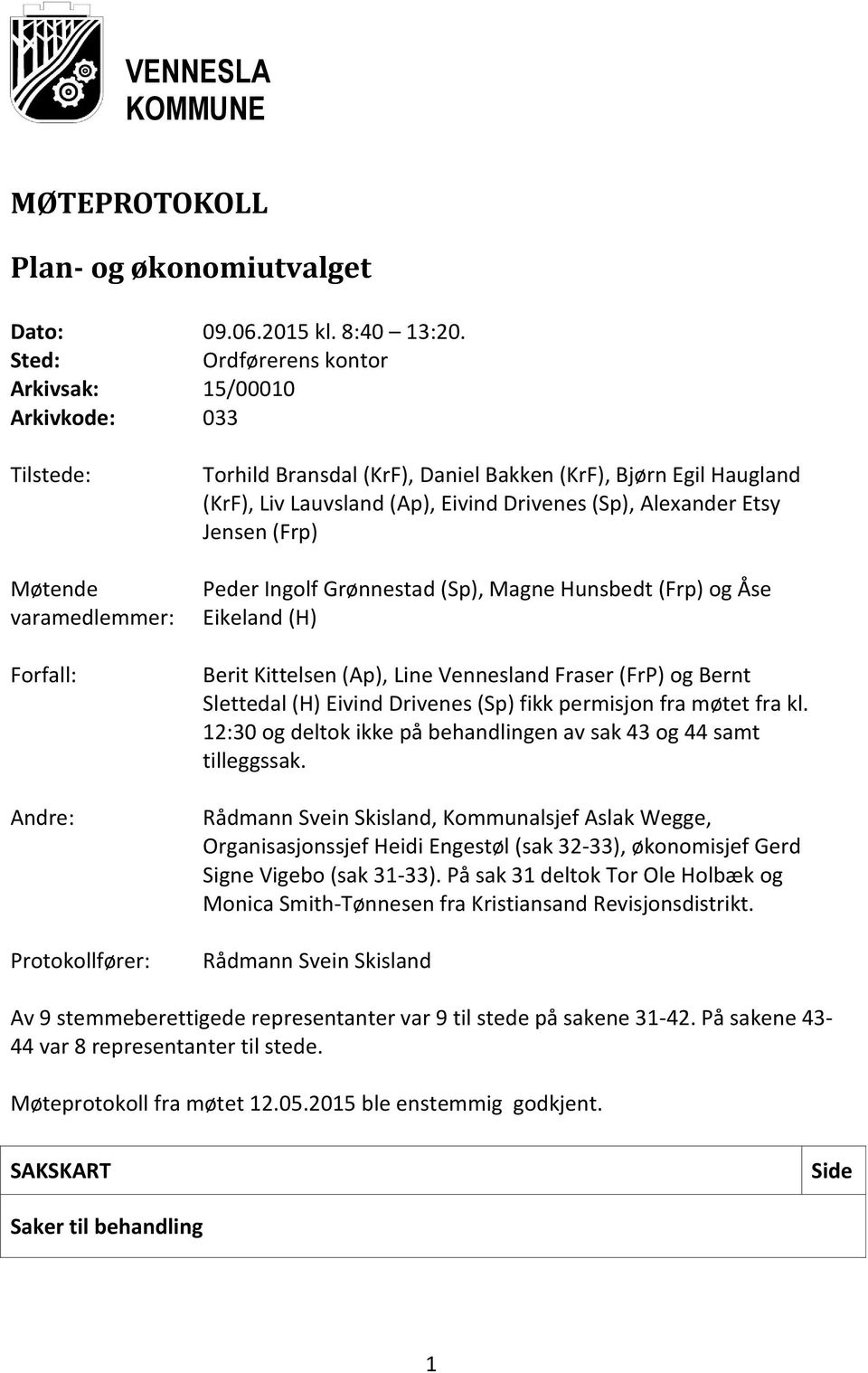 Lauvsland (Ap), Eivind Drivenes (Sp), Alexander Etsy Jensen (Frp) Peder Ingolf Grønnestad (Sp), Magne Hunsbedt (Frp) og Åse Eikeland (H) Berit Kittelsen (Ap), Line Vennesland Fraser (FrP) og Bernt