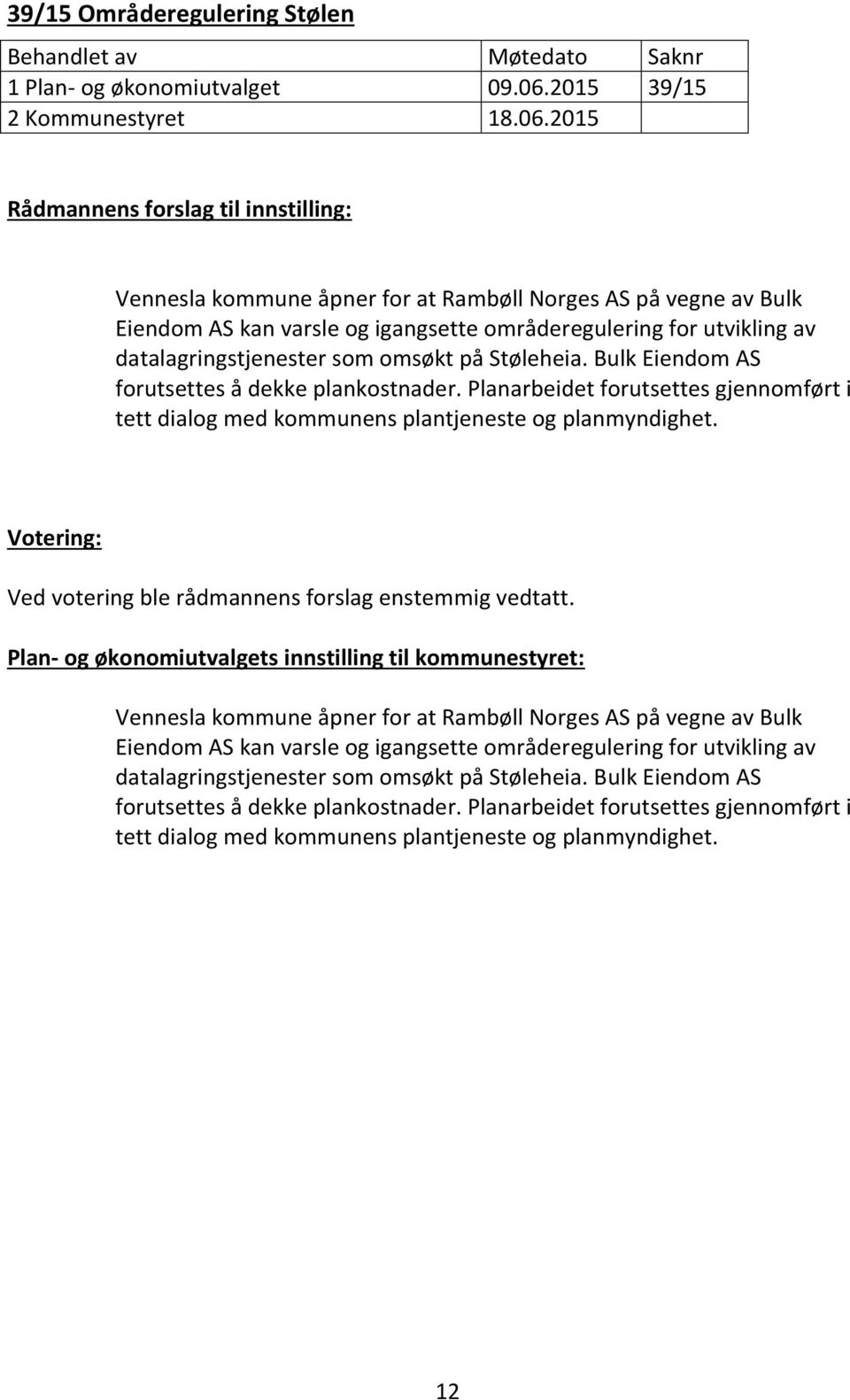 2015 Rådmannens forslag til innstilling: Vennesla kommune åpner for at Rambøll Norges AS på vegne av Bulk Eiendom AS kan varsle og igangsette områderegulering for utvikling av datalagringstjenester