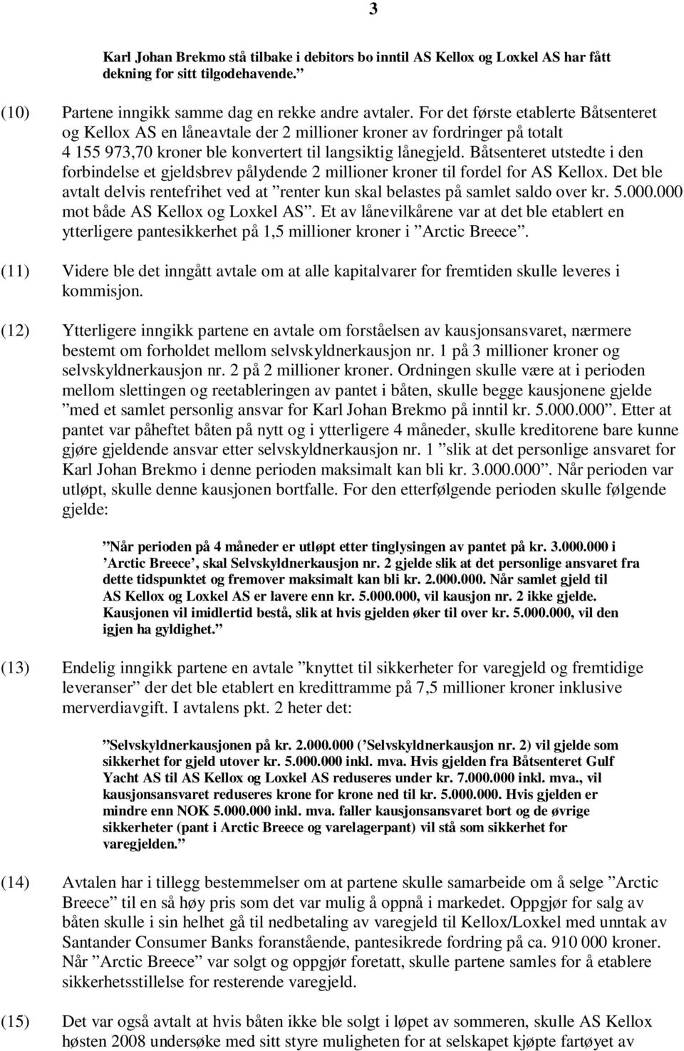 Båtsenteret utstedte i den forbindelse et gjeldsbrev pålydende 2 millioner kroner til fordel for AS Kellox. Det ble avtalt delvis rentefrihet ved at renter kun skal belastes på samlet saldo over kr.