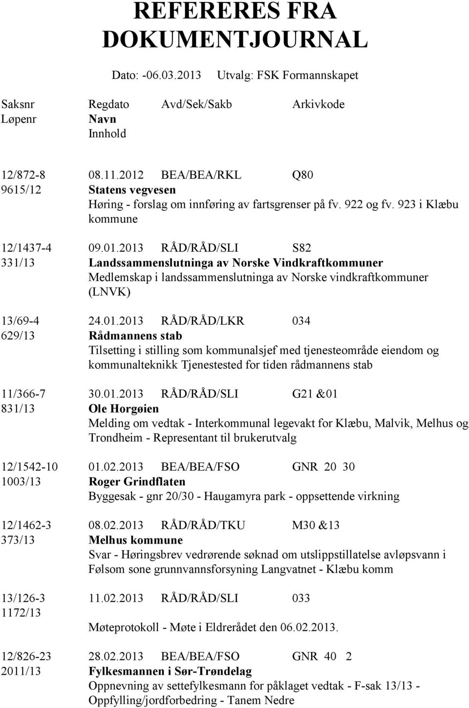 01.2013 RÅD/RÅD/LKR 034 629/13 Rådmannens stab Tilsetting i stilling som kommunalsjef med tjenesteområde eiendom og kommunalteknikk Tjenestested for tiden rådmannens stab 11/366-7 30.01.2013 RÅD/RÅD/SLI G21 &01 831/13 Ole Horgøien Melding om vedtak - Interkommunal legevakt for Klæbu, Malvik, Melhus og Trondheim - Representant til brukerutvalg 12/1542-10 01.