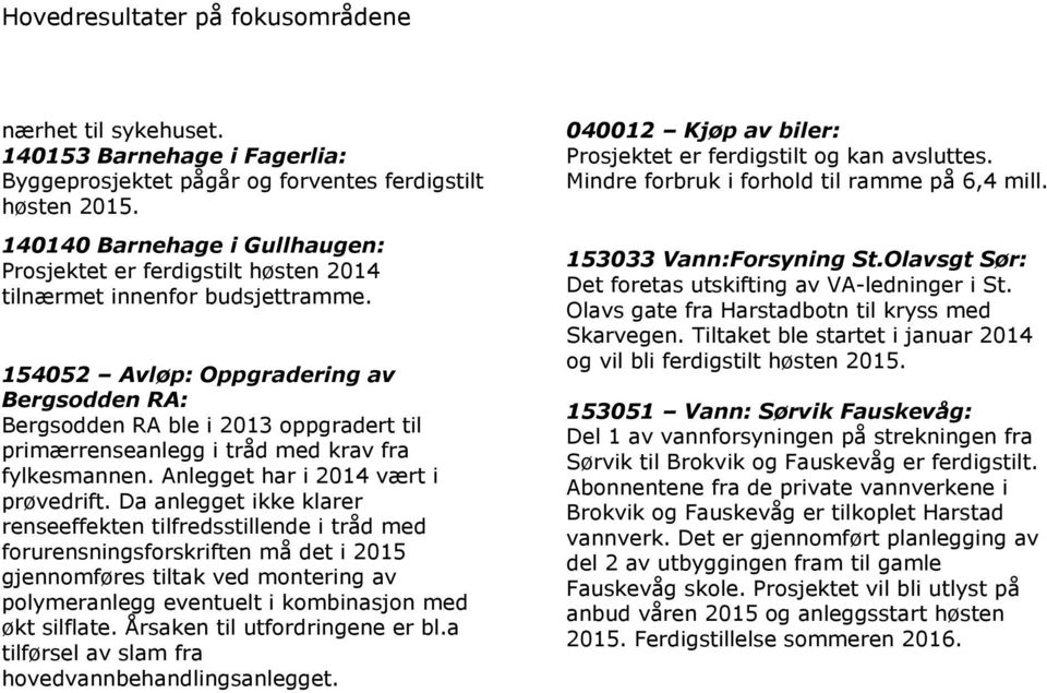 154052 Avløp: Oppgradering av Bergsodden RA: Bergsodden RA ble i 20 oppgradert til primærrenseanlegg i tråd med krav fra fylkesmannen. Anlegget har i 2014 vært i prøvedrift.