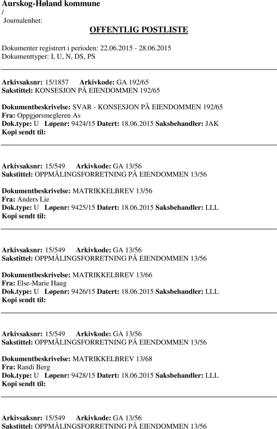 2015 Saksbehandler: JAK Arkivsaksnr: 15549 Arkivkode: GA 1356 Sakstittel: OPPMÅLINGSFORRETNING PÅ EIENDOMMEN 1356 Dokumentbeskrivelse: MATRIKKELBREV 1356 Fra: Anders Lie Dok.