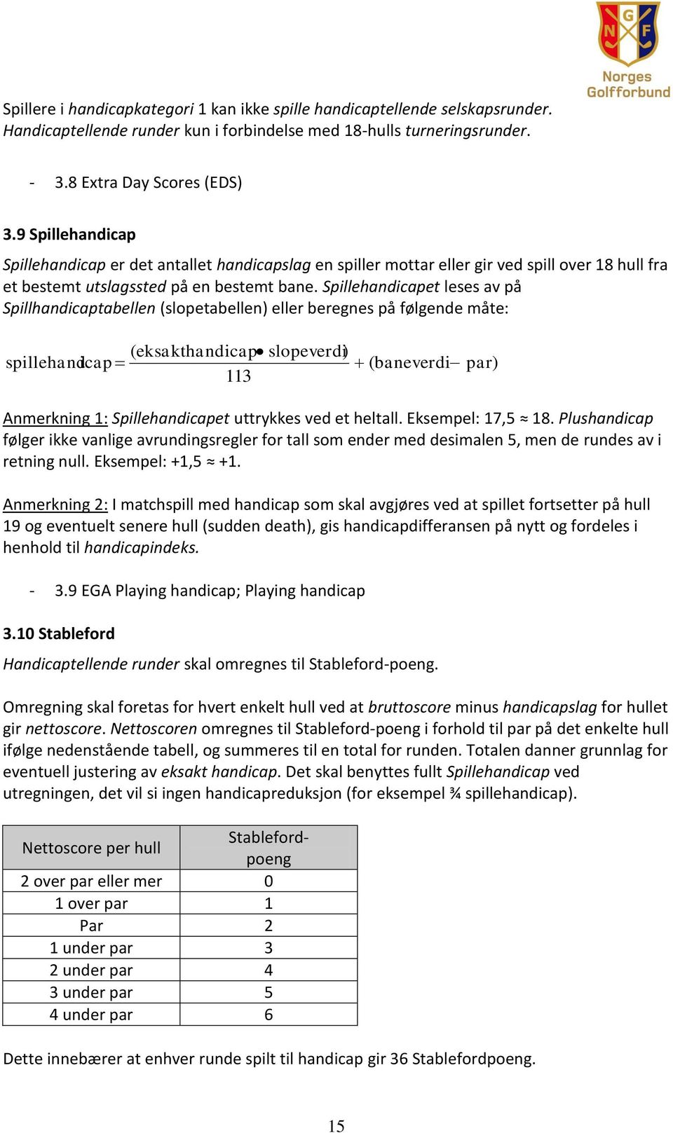 Spillehandicapet leses av på Spillhandicaptabellen (slopetabellen) eller beregnes på følgende måte: spillehandicap ( eksakthandicap slopeverdi) ( baneverdi 113 par) Anmerkning 1: Spillehandicapet