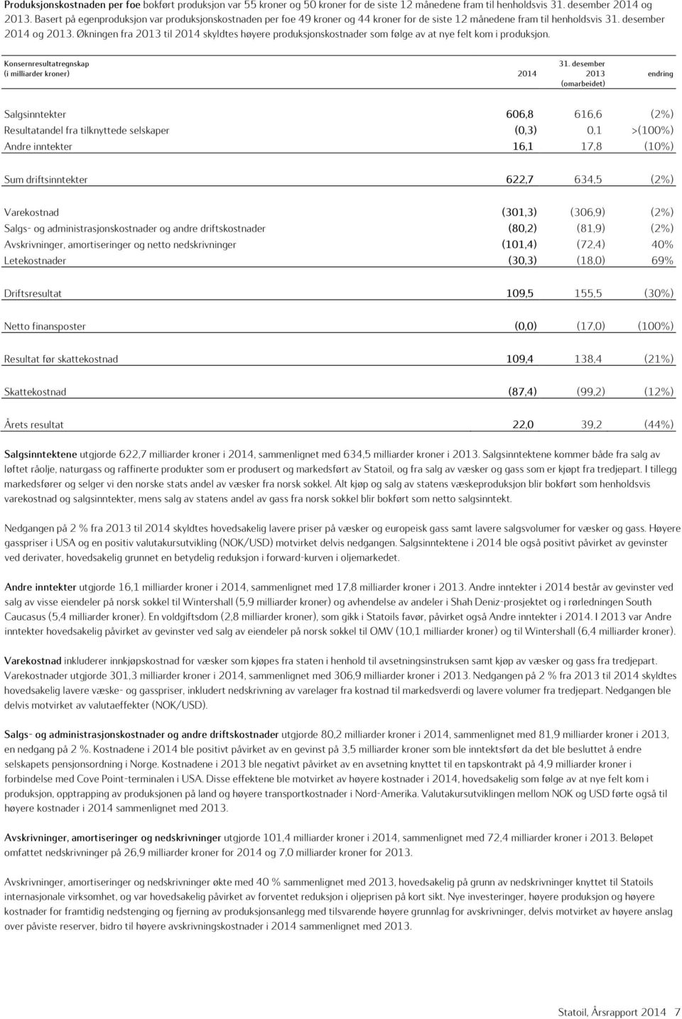 Økningen fra 2013 til 2014 skyldtes høyere produksjonskostnader som følge av at nye felt kom i produksjon. Konsernresultatregnskap 31.