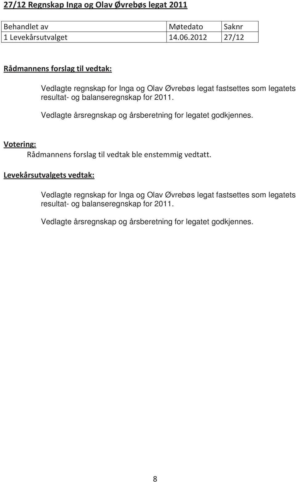 balanseregnskap for 2011. Vedlagte årsregnskap og årsberetning for legatet godkjennes. Rådmannens forslag til vedtak ble enstemmig vedtatt.