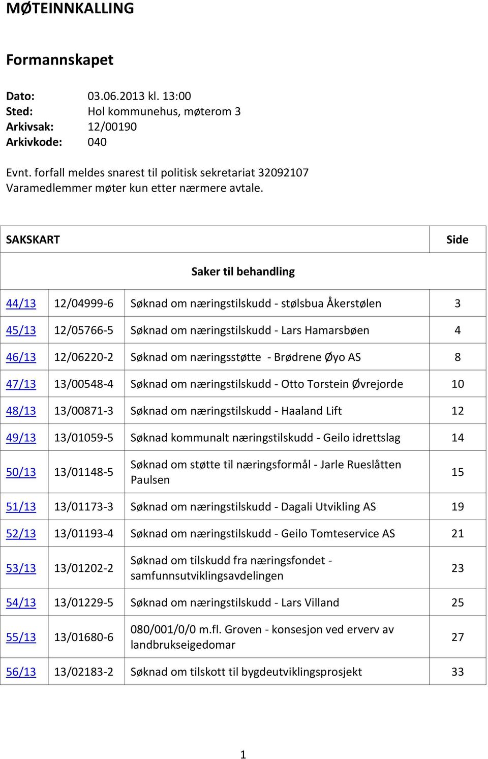 SAKSKART Side Saker til behandling 44/13 12/04999-6 Søknad om næringstilskudd - stølsbua Åkerstølen 3 45/13 12/05766-5 Søknad om næringstilskudd - Lars Hamarsbøen 4 46/13 12/06220-2 Søknad om