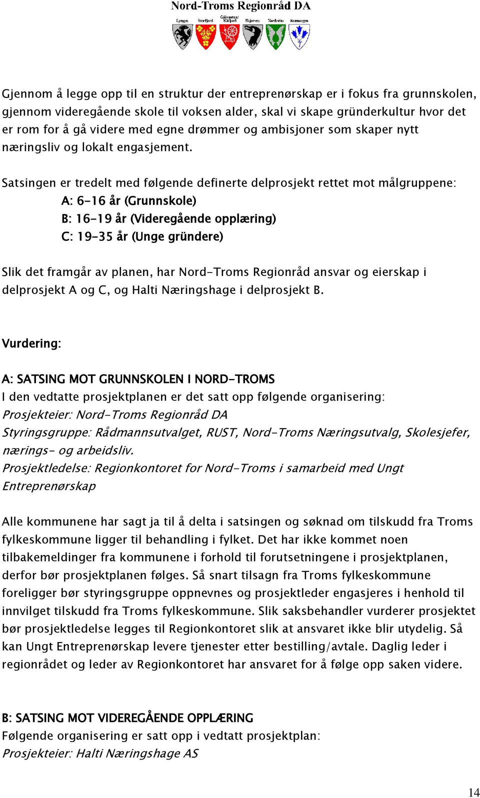 Satsingen er tredelt med følgende definerte delprosjekt rettet mot målgruppene: A: 6-16 år (Grunnskole) B: 16-19 år (Videregående opplæring) C: 19-35 år (Unge gründere) Slik det framgår av planen,