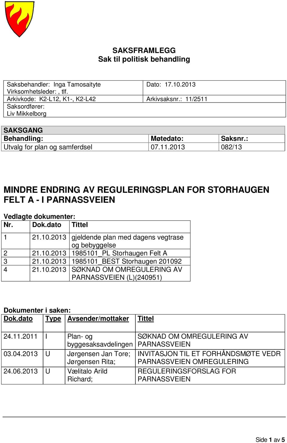 Dok.dato Tittel 1 21.10.2013 gjeldende plan med dagens vegtrase og bebyggelse 2 21.10.2013 1985101_PL Storhaugen Felt A 3 21.10.2013 1985101_BEST Storhaugen 201092 4 21.10.2013 SØKNAD OM OMREGULERING AV PARNASSVEIEN (L)(240951) Dokumenter i saken: Dok.