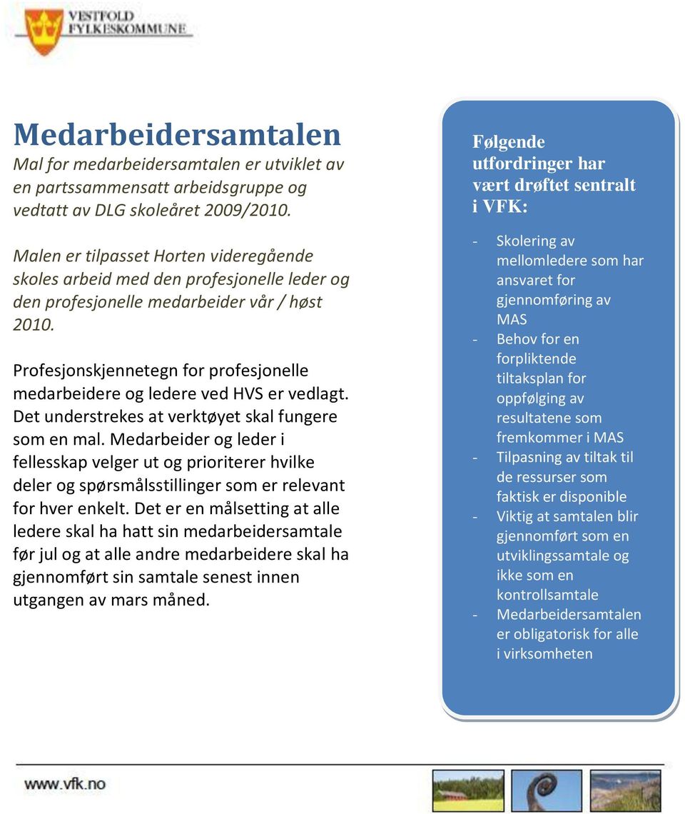 Profesjonskjennetegn for profesjonelle medarbeidere og ledere ved HVS er vedlagt. Det understrekes at verktøyet skal fungere som en mal.