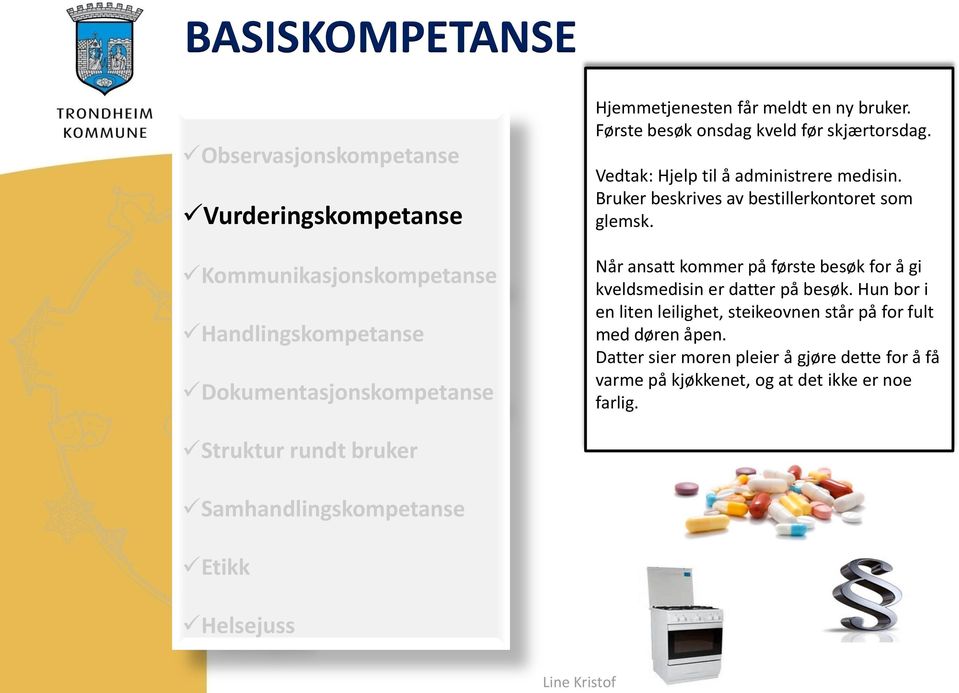 Bruker beskrives av bestillerkontoret som glemsk. Når ansatt kommer på første besøk for å gi kveldsmedisin er datter på besøk.