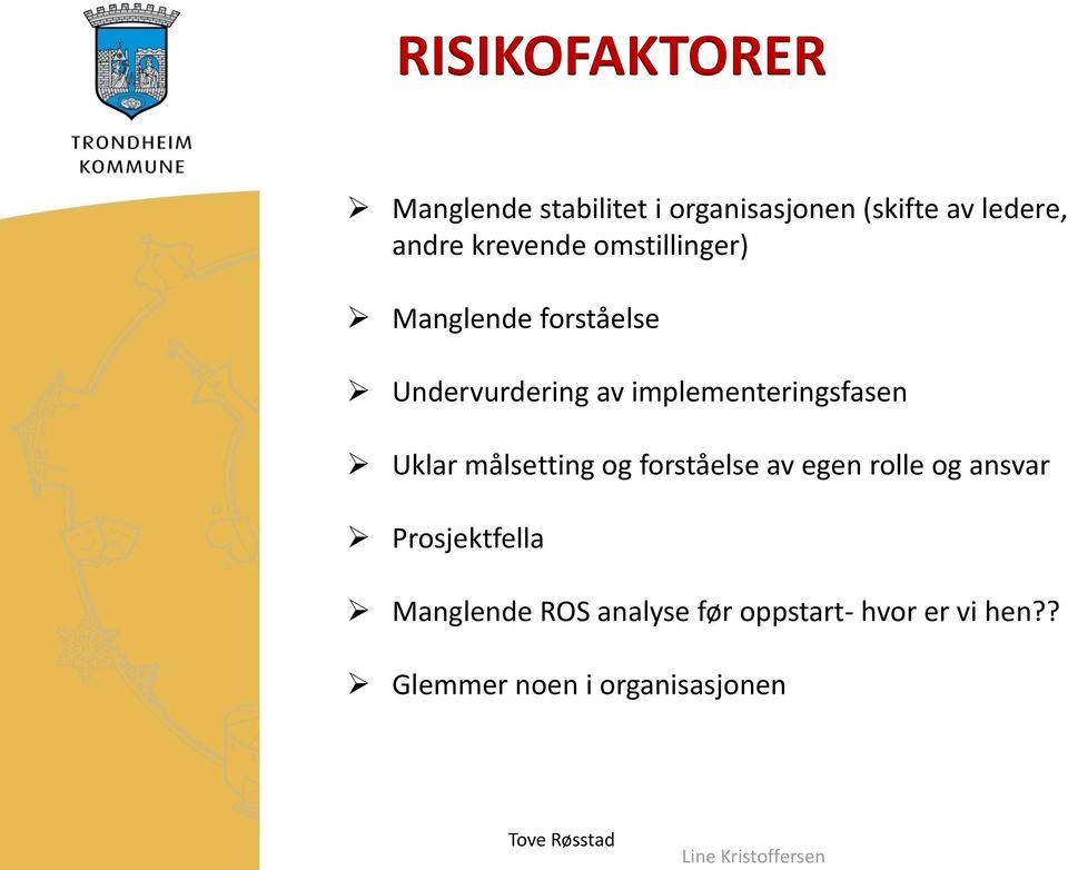 Uklar målsetting og forståelse av egen rolle og ansvar Prosjektfella Manglende ROS