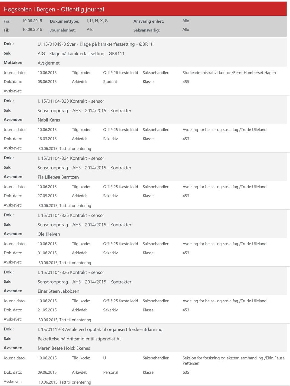 2015 Arkivdel: Sakarkiv 453 I, 15/01104-324 Kontrakt - sensor Sensoroppdrag - AHS - 2014/2015 - Kontrakter Pia Lillebøe Berntzen Avdeling for helse- og sosialfag /Trude lleland Dok. dato: 27.05.