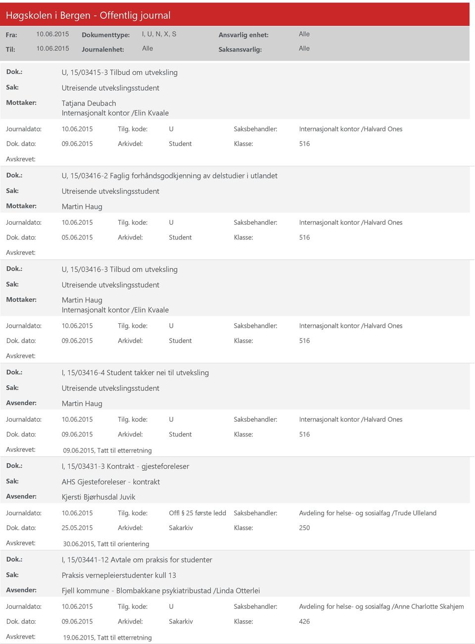 2015, Tatt til etterretning I, 15/03431-3 Kontrakt - gjesteforeleser Kjersti Bjørhusdal Juvik Avdeling for helse- og sosialfag /Trude lleland Dok. dato: 25.05.