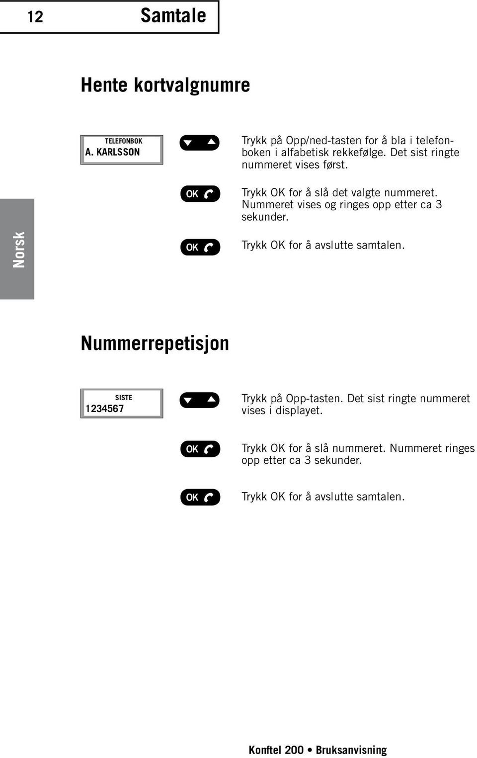 Trykk OK for å slå det valgte nummeret. Nummeret vises og ringes opp etter ca 3 sekunder. Trykk OK for å avslutte samtalen.