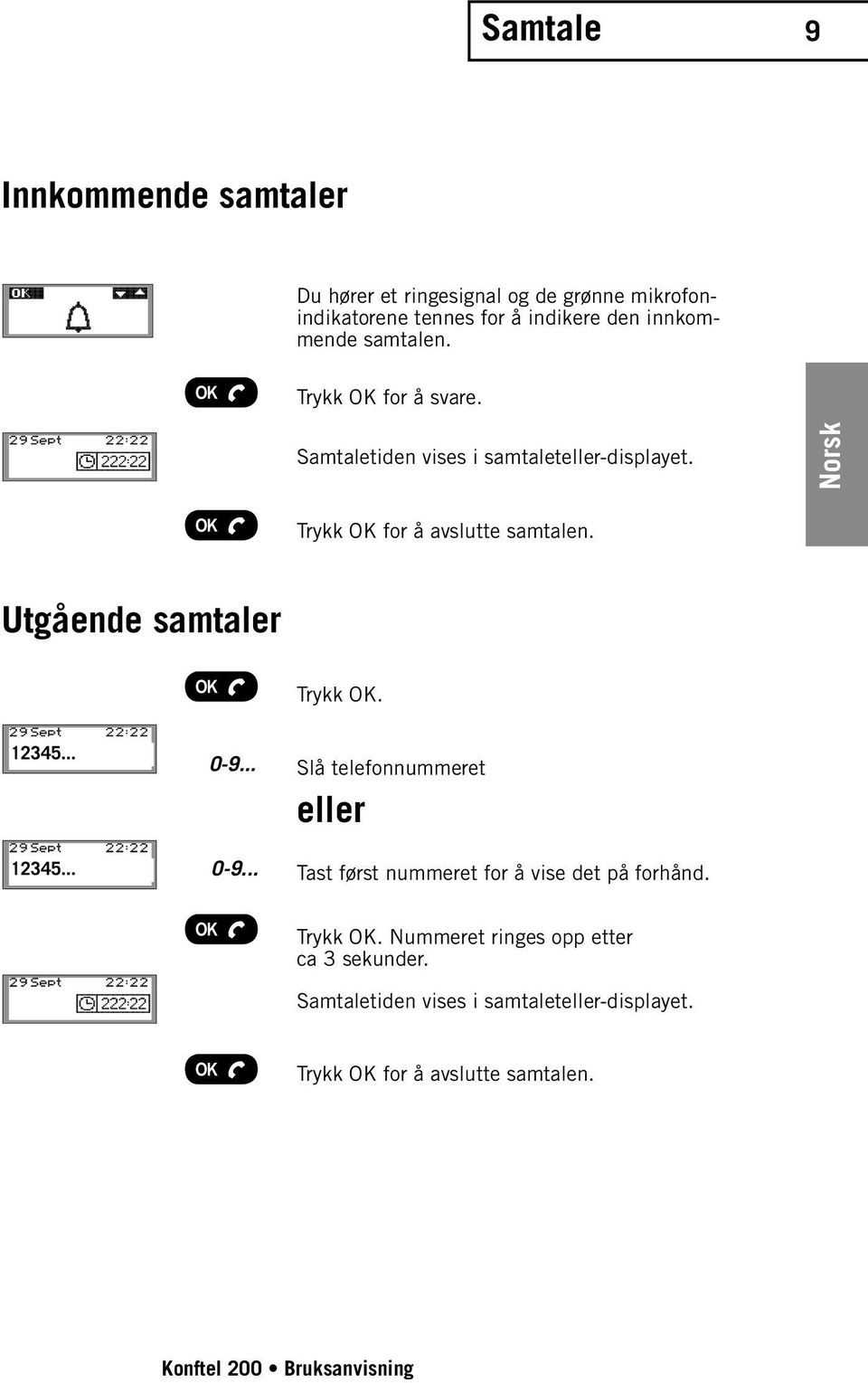 Trykk OK for å avslutte samtalen. Utgående samtaler 12345... 12345... 0-9.