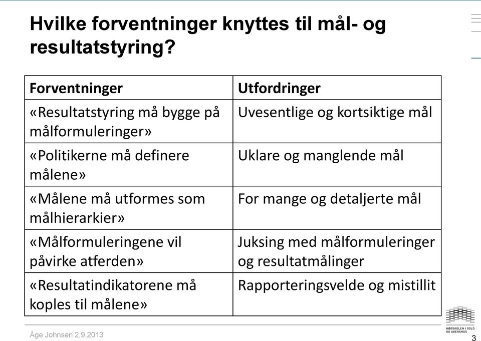 som målhierarkier» «Målformuleringene vil påvirke atferden» «Resultatindikatorene må koples til målene»