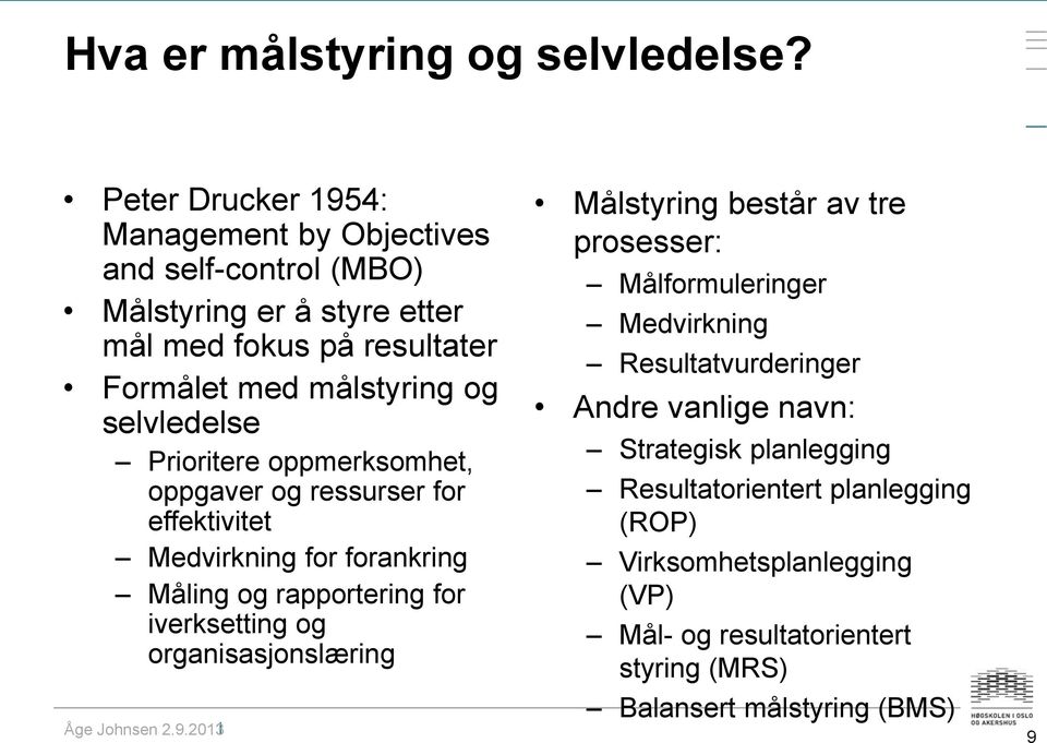 selvledelse Prioritere oppmerksomhet, oppgaver og ressurser for effektivitet Medvirkning for forankring Måling og rapportering for iverksetting og