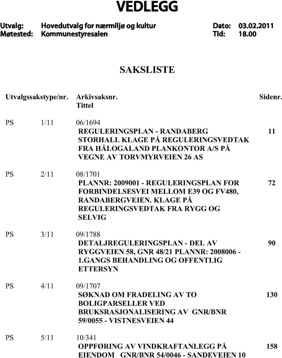 FOR FORBINDELSESVEI MELLOM E39 OG FV480, RANDABERGVEIEN. KLAGE PÅ REGULERINGSVEDTAK FRA RYGG OG SELVIG PS 3/11 09/1788 DET ALJREGULERINGSPLAN - DEL AV RYGGVEIEN 58, GNR 48/21 PLANNR: 2008006-1.