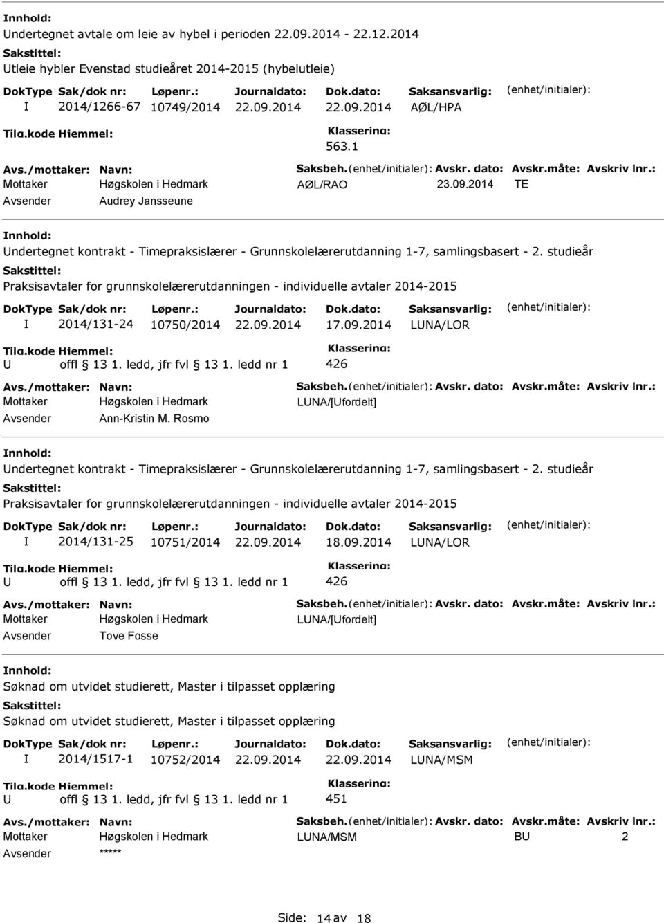 studieår Praksisavtaler for grunnskolelærerutdanningen - individuelle avtaler 2014-2015 2014/131-24 10750/2014 LNA/LOR 426 Mottaker LNA/[fordelt] Ann-Kristin M.