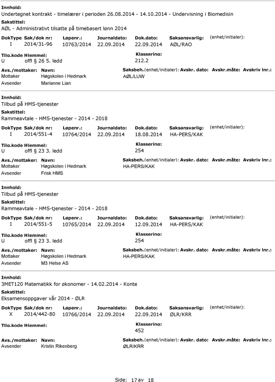 2 Mottaker AØL/LW Marianne Lian Tilbud på HMS-tjenester Rammeavtale - HMS-tjenester - 2014-2018 2014/551-4 10764/2014 18.08.2014 HA-PERS/KAK offl 23 3.