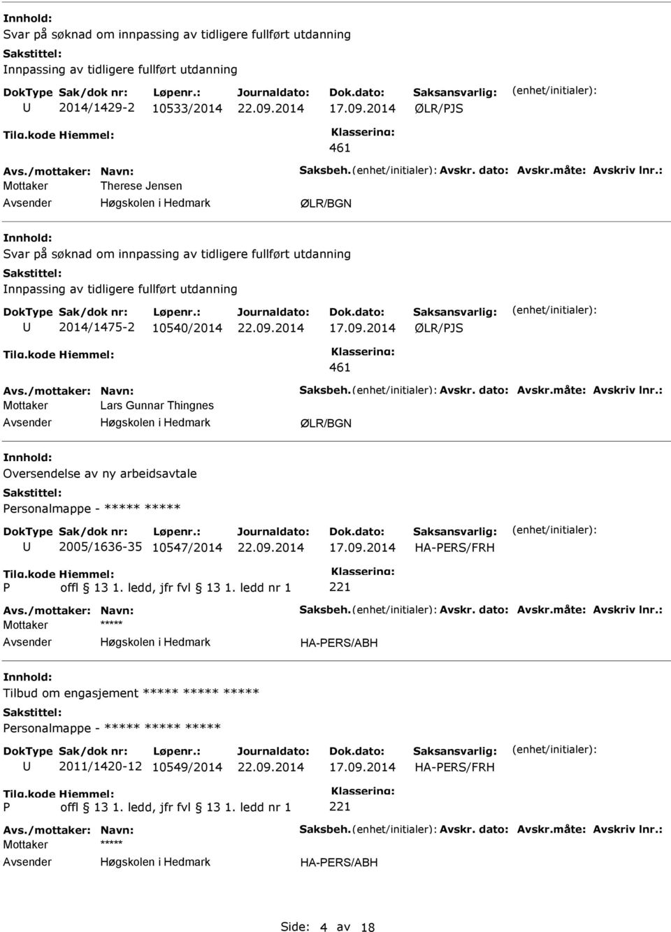 ØLR/PJS 461 Mottaker Lars Gunnar Thingnes ØLR/BGN Oversendelse av ny arbeidsavtale Personalmappe - ***** ***** 2005/1636-35 10547/2014 HA-PERS/FRH P