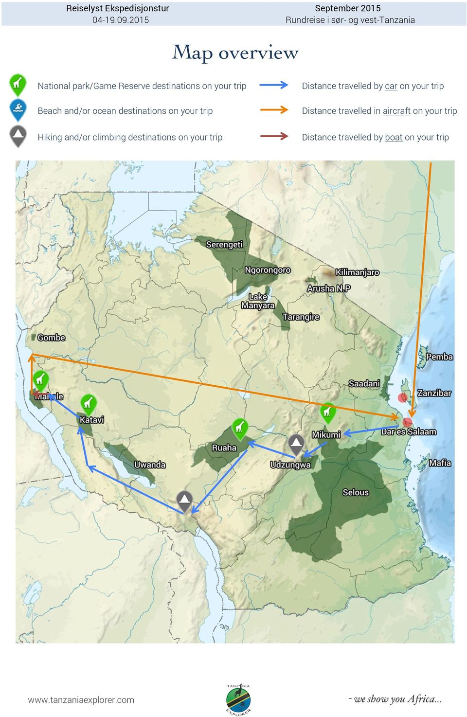 on your trip Distance travelled in aircraft on your trip Hiking and/or