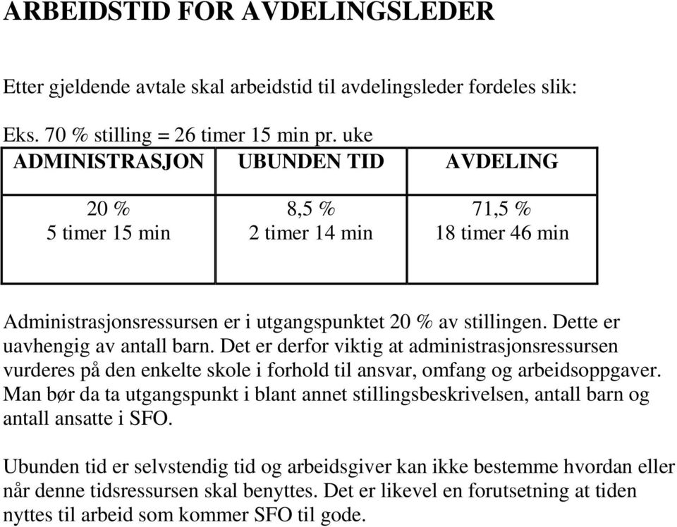 Dette er uavhengig av antall barn. Det er derfor viktig at administrasjonsressursen vurderes på den enkelte skole i forhold til ansvar, omfang og arbeidsoppgaver.