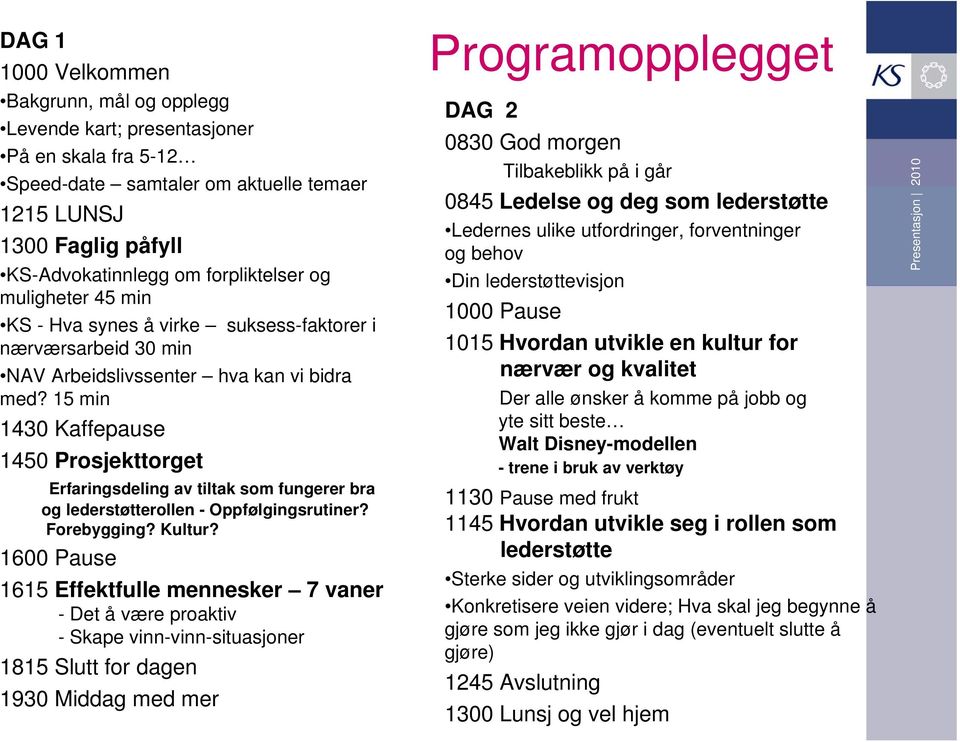 15 min 1430 Kaffepause 1450 Prosjekttorget Erfaringsdeling av tiltak som fungerer bra og lederstøtterollen - Oppfølgingsrutiner? Forebygging? Kultur?