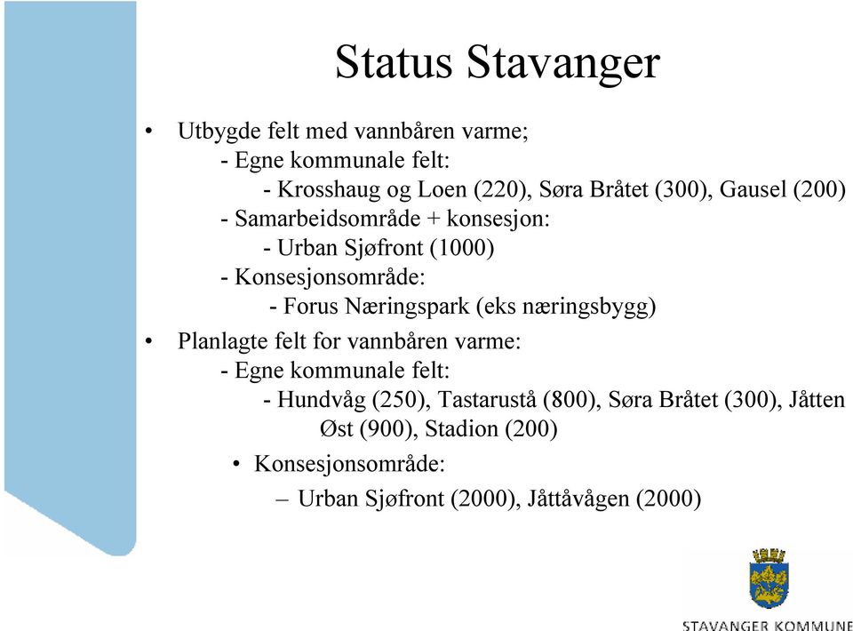 Næringspark (eks næringsbygg) Planlagte felt for vannbåren varme: - Egne kommunale felt: - Hundvåg (250),