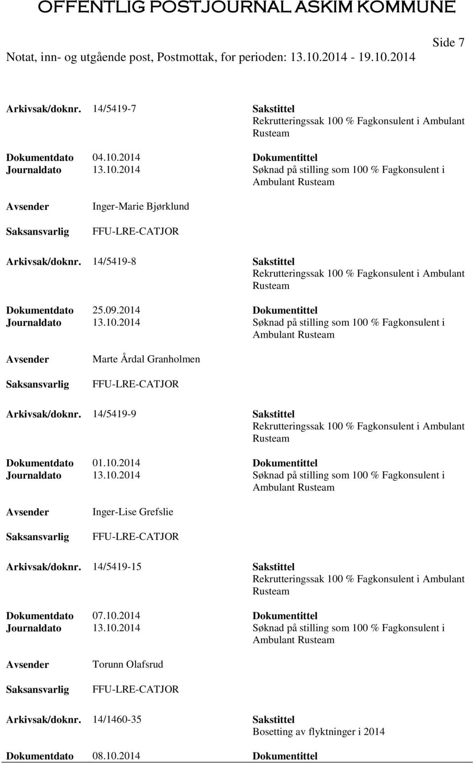 14/5419-9 Sakstittel Rekrutteringssak 100 % Fagkonsulent i Ambulant Rusteam Dokumentdato 01.10.2014 Dokumentittel Journaldato 13.10.2014 Søknad på stilling som 100 % Fagkonsulent i Ambulant Rusteam Inger-Lise Grefslie FFU-LRE-CATJOR Arkivsak/doknr.