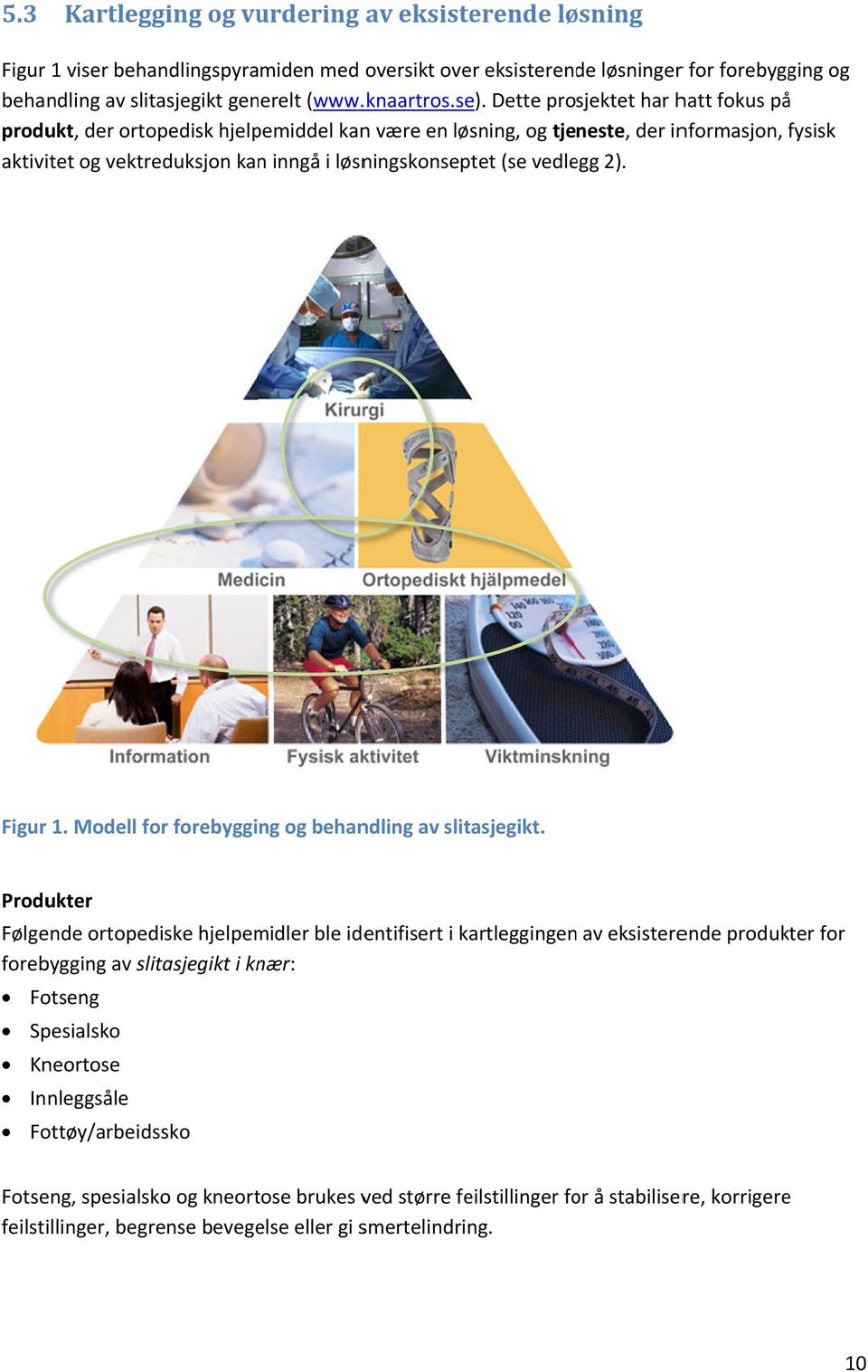 Dette prosjektet har hatt fokus på produkt, der ortopedisk hjelpemiddel kann være en løsning, og tjeneste, der informasjon, fysisk aktivitet og vektreduksjon kan inngå i løsningskonseptet (se vedlegg