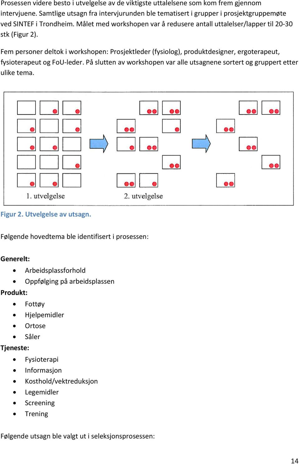 Fem personer deltok i workshopen: Prosjektleder (fysiolog), produktdesigner, ergoterapeut, fysioterapeut og FoU leder. På slutten av workshopen var alle utsagnene sortert og gruppert etter ulike tema.