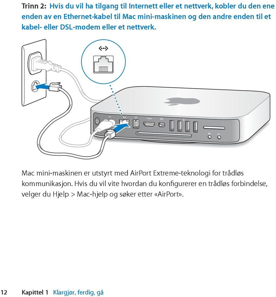 HDMI Mac mini-maskinen er utstyrt med AirPort Extreme-teknologi for trådløs kommunikasjon.