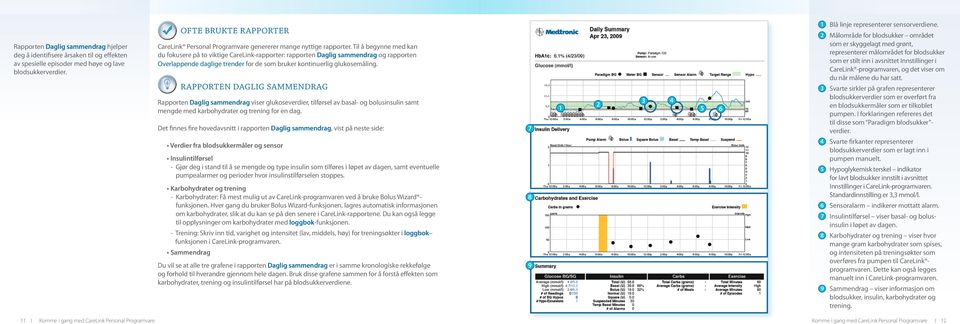 Til å begynne med kan du fokusere på to viktige CareLink-rapporter: rapporten Daglig sammendrag og rapporten Overlappende daglige trender for de som bruker kontinuerlig glukosemåling.