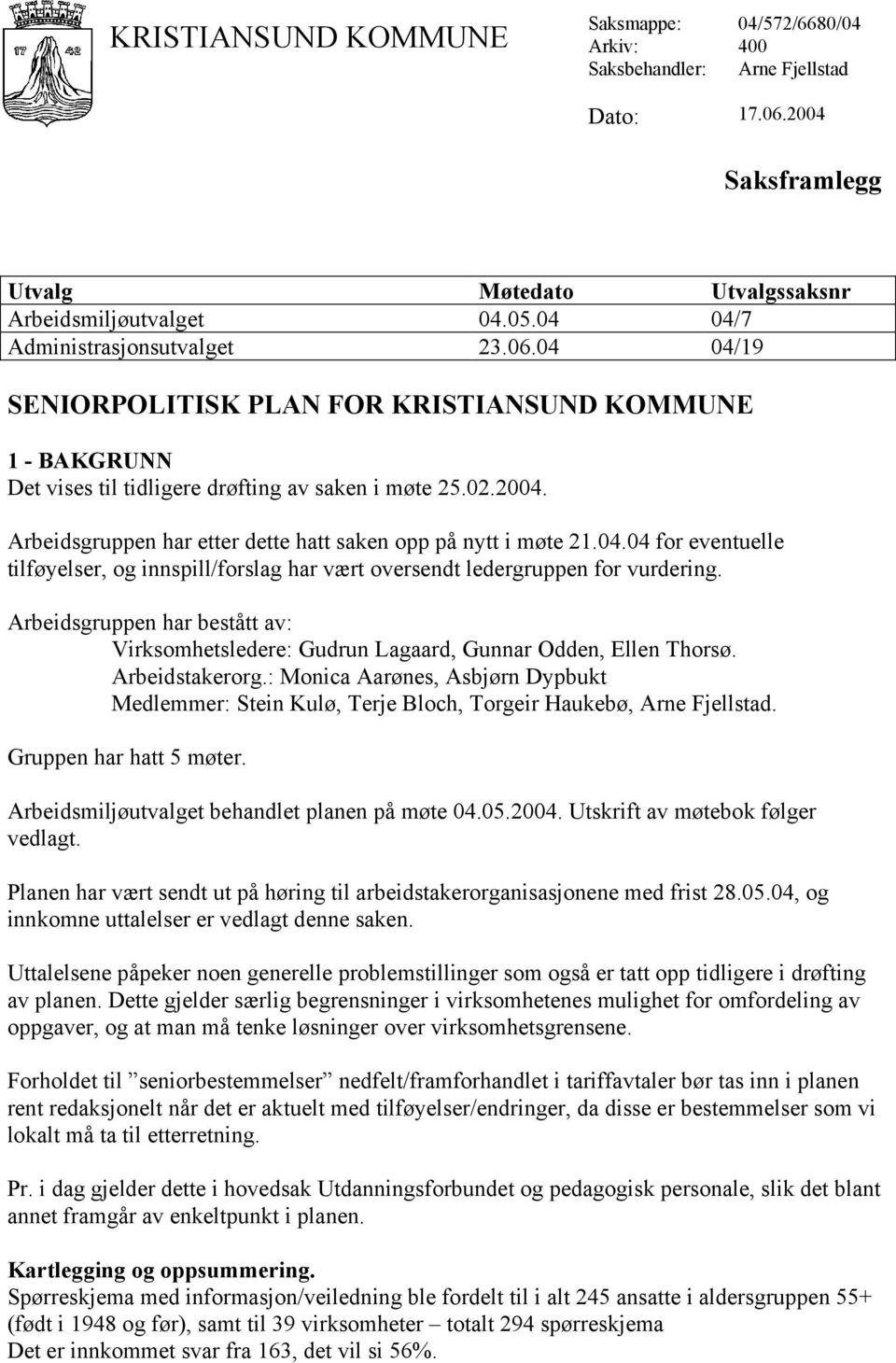 Arbeidsgruppen har etter dette hatt saken opp på nytt i møte 21.04.04 for eventuelle tilføyelser, og innspill/forslag har vært oversendt ledergruppen for vurdering.