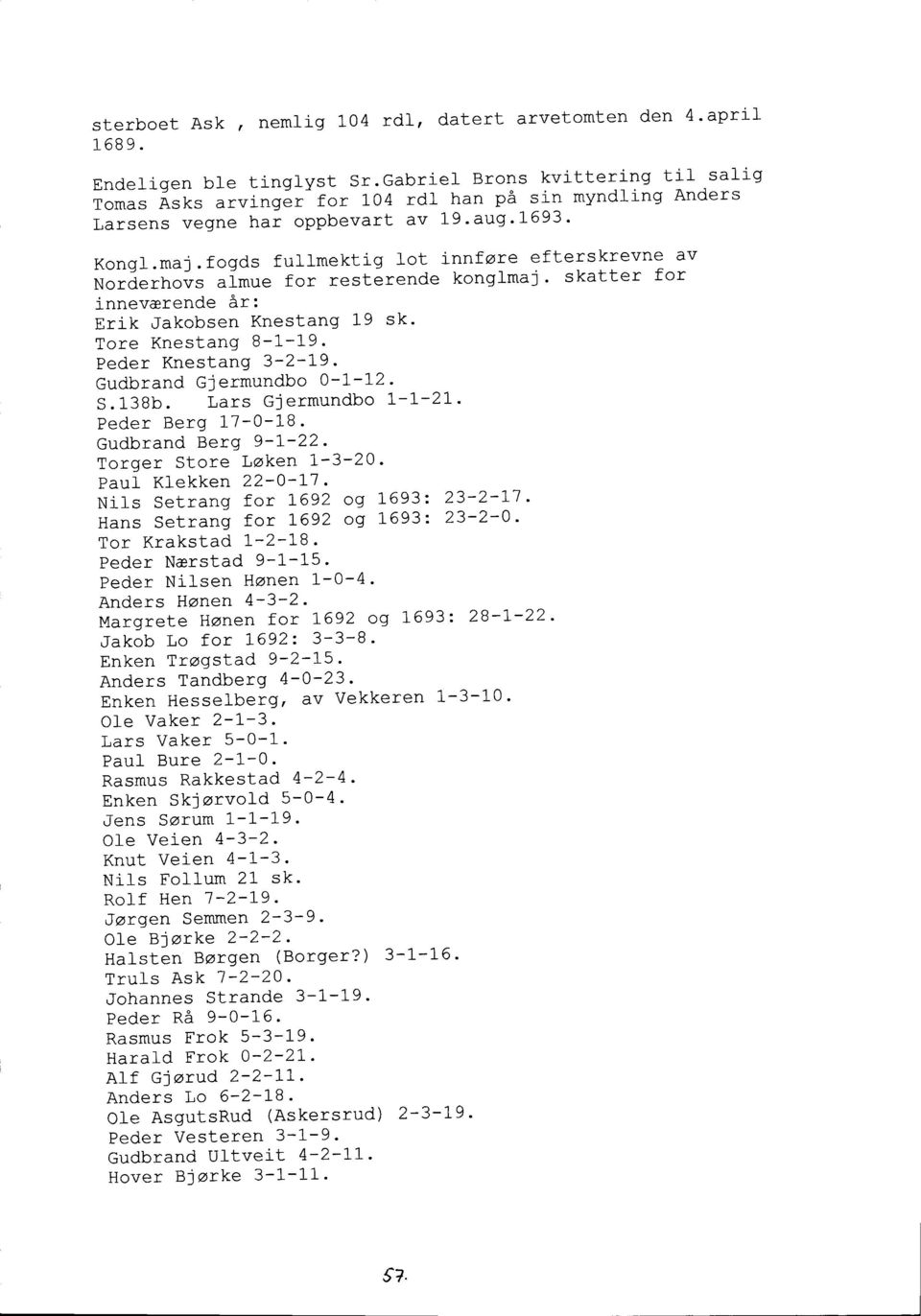 fogdsfullmektig]-otinnforeefterskrevneaV Norderhovs almue for resterende konglmaj ' skatter for inneverende Ar: Erik,Jakobsen Knestang L9 sk' Tore Knestang B-l--19. Peder Knestang 3-2-1"9.