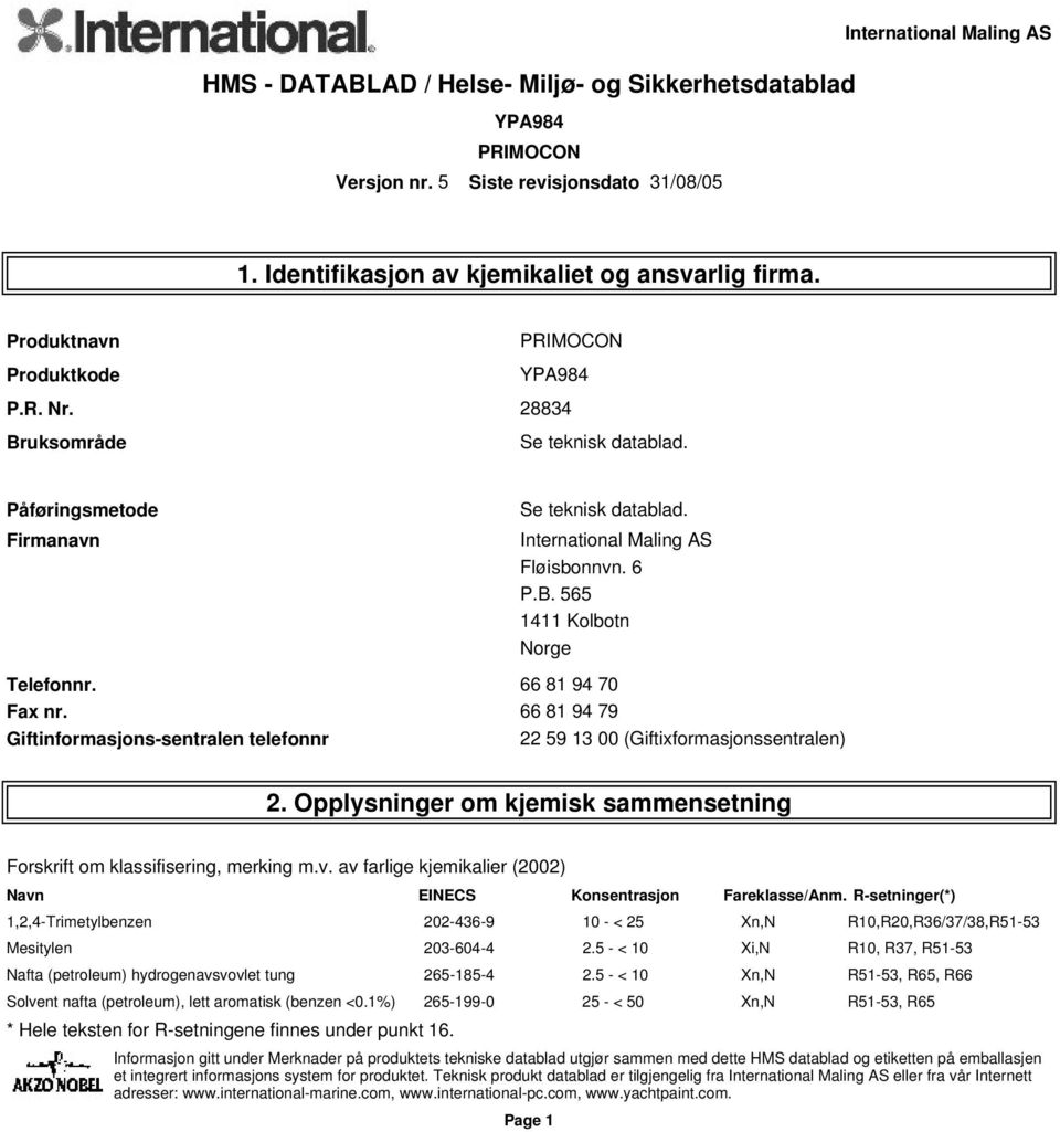 av farlige kjemikalier (2002) Navn EINECS Konsentrasjon Fareklasse/Anm. R-setninger(*) 1,2,4-Trimetylbenzen 202-436-9 10 - < 25 Xn,N R10,R20,R36/37/38,R51-53 Mesitylen 203-604-4 2.