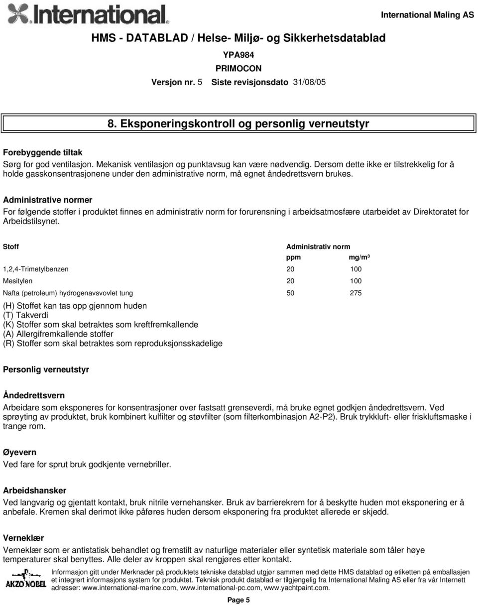 Administrative normer For følgende stoffer i produktet finnes en administrativ norm for forurensning i arbeidsatmosfære utarbeidet av Direktoratet for Arbeidstilsynet.