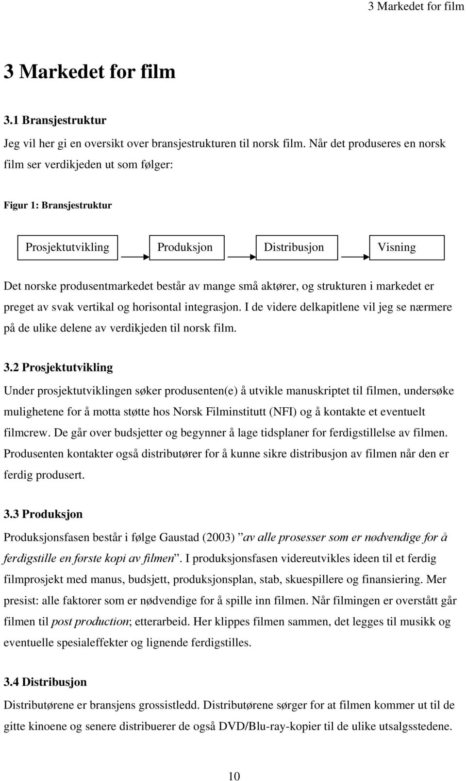 strukturen i markedet er preget av svak vertikal og horisontal integrasjon. I de videre delkapitlene vil jeg se nærmere på de ulike delene av verdikjeden til norsk film. 3.